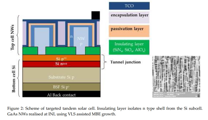 Figure 2: Scheme of targeted tandem solar cell. Insulating layer isolates n type shell from the Si subcell. GaAs NWs realised at INL using VLS assisted MBE growth.