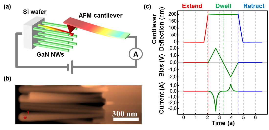 Caractérisation de NFs piezo SC (ZnO, GaN…). Modulation de la hauteur de barrière Schottky pointe/NF par la polarisation piézoélectrique.